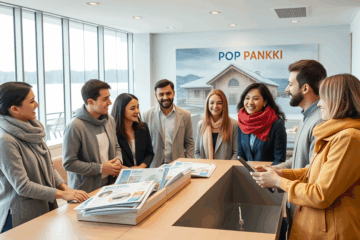 A smiling immigrant applying for a loan at POP Pankki branch.