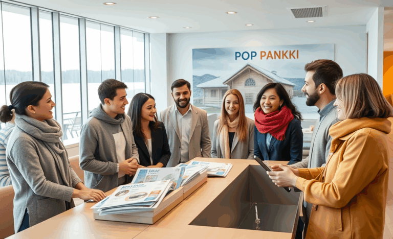 A smiling immigrant applying for a loan at POP Pankki branch.